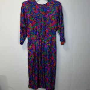 VTG 80s John Roberts Colorful Abstract‎ Drop Waist Shoulder Pads Women's Dress